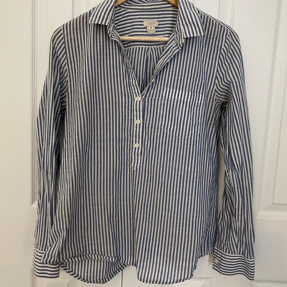 J Crew Blue and White Striped Half Button Up M